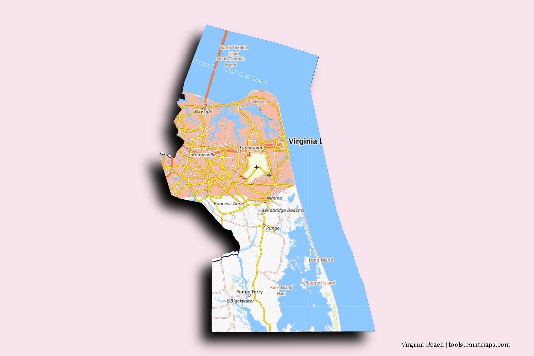 Virginia Beach neighborhoods and villages map with 3D shadow effect