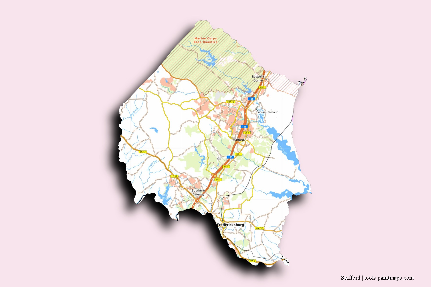 Mapa de barrios y pueblos de Stafford con efecto de sombra 3D