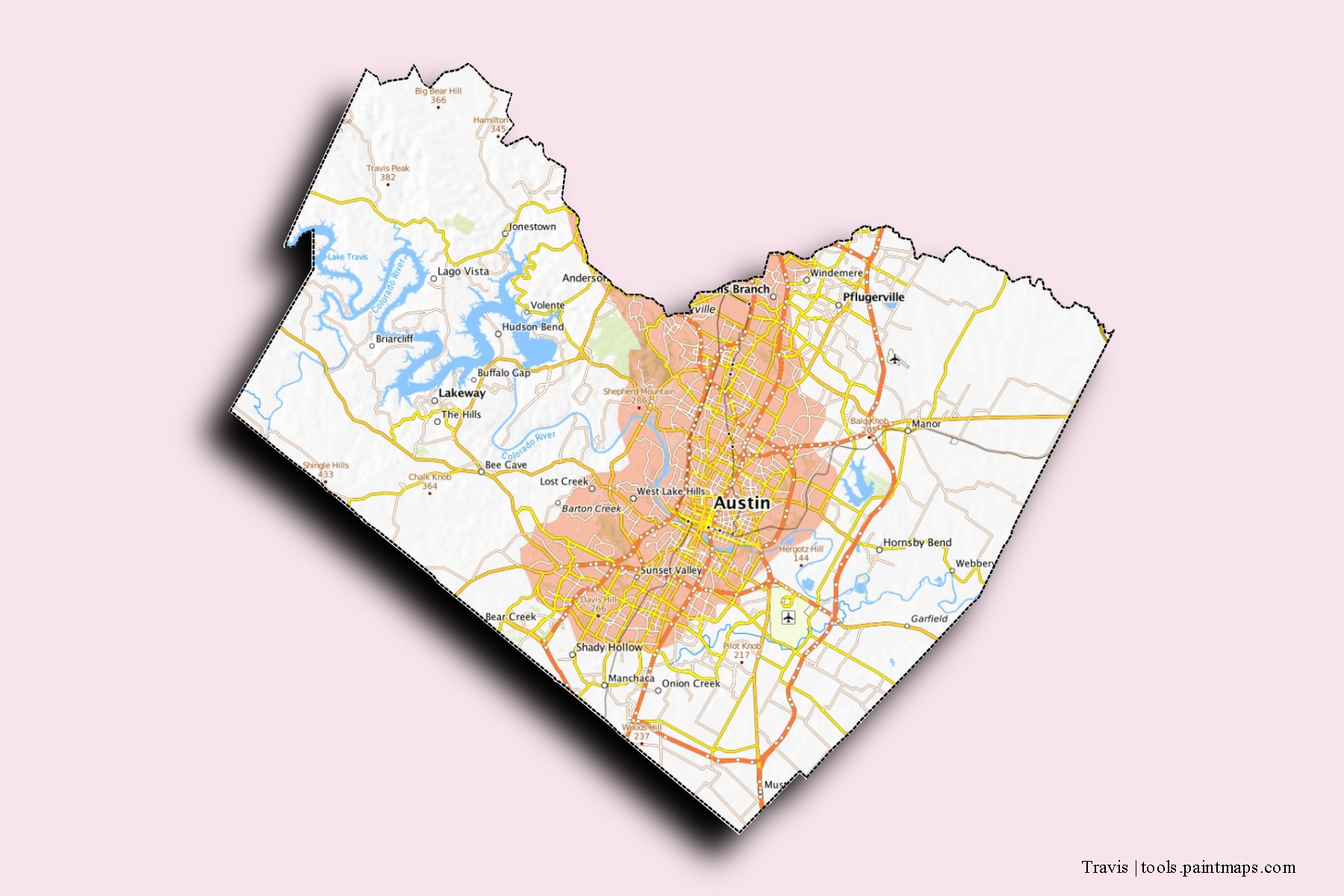 3D gölge efektli Travis County mahalleleri ve köyleri haritası