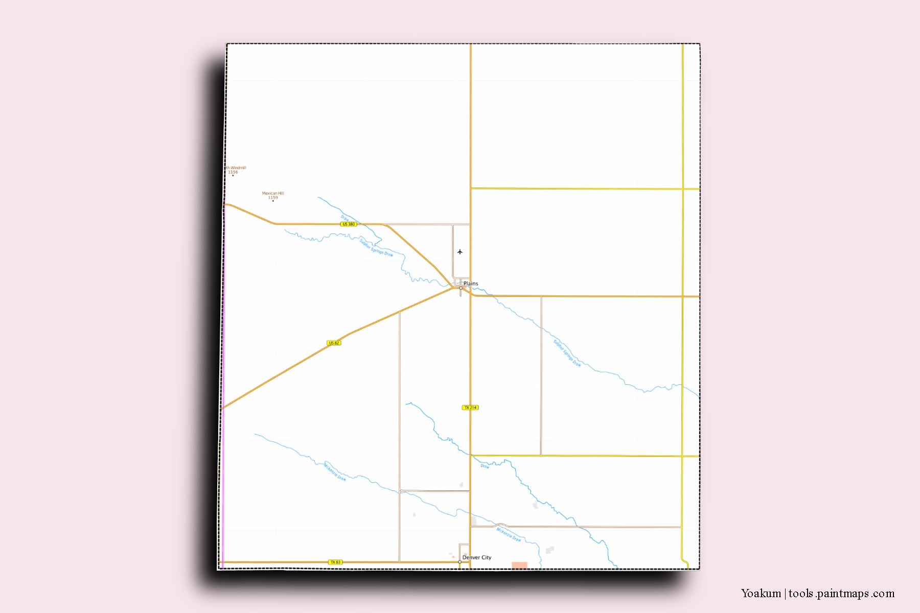 Mapa de barrios y pueblos de Yoakum con efecto de sombra 3D