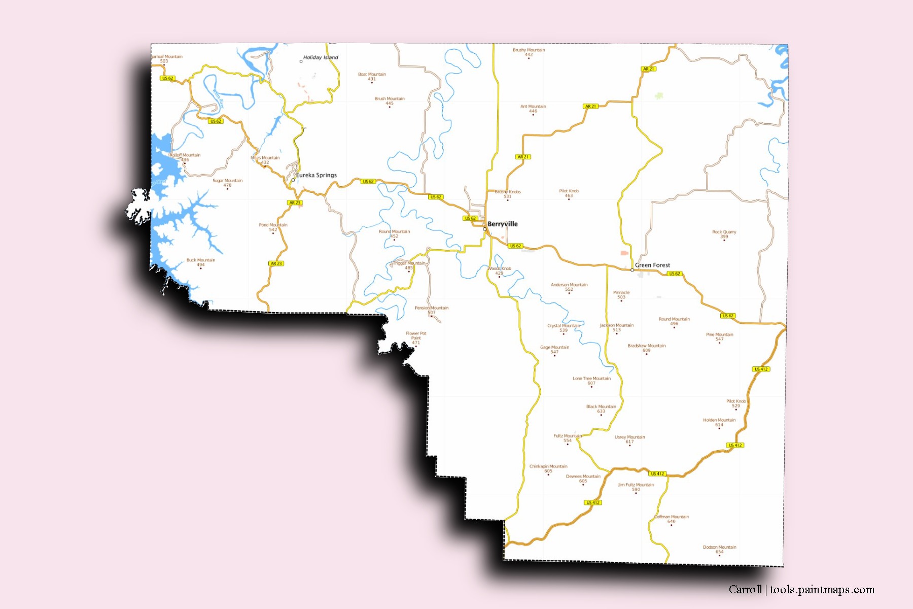 Carroll neighborhoods and villages map with 3D shadow effect