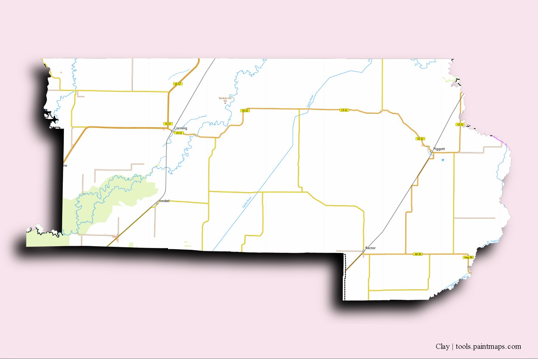3D gölge efektli Clay County mahalleleri ve köyleri haritası