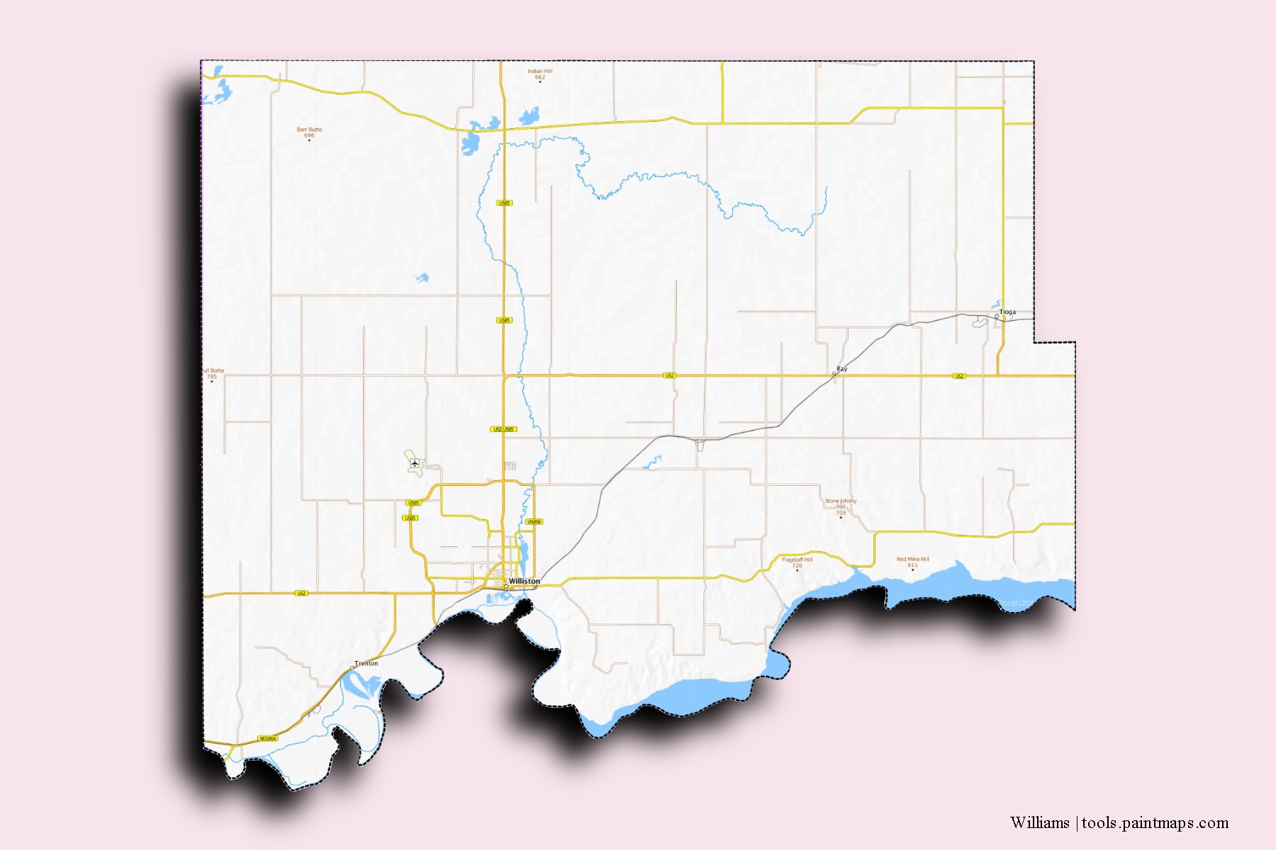 Williams neighborhoods and villages map with 3D shadow effect