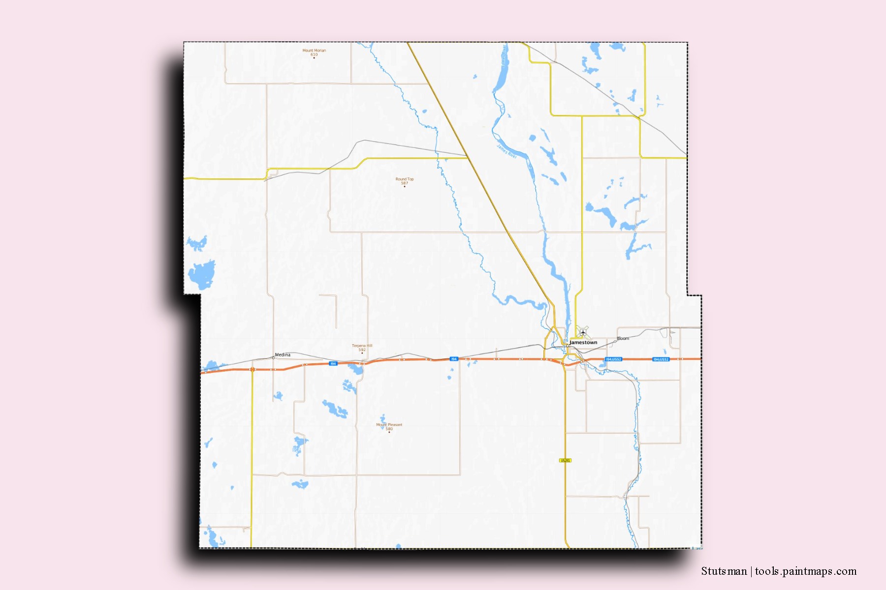 Stutsman neighborhoods and villages map with 3D shadow effect