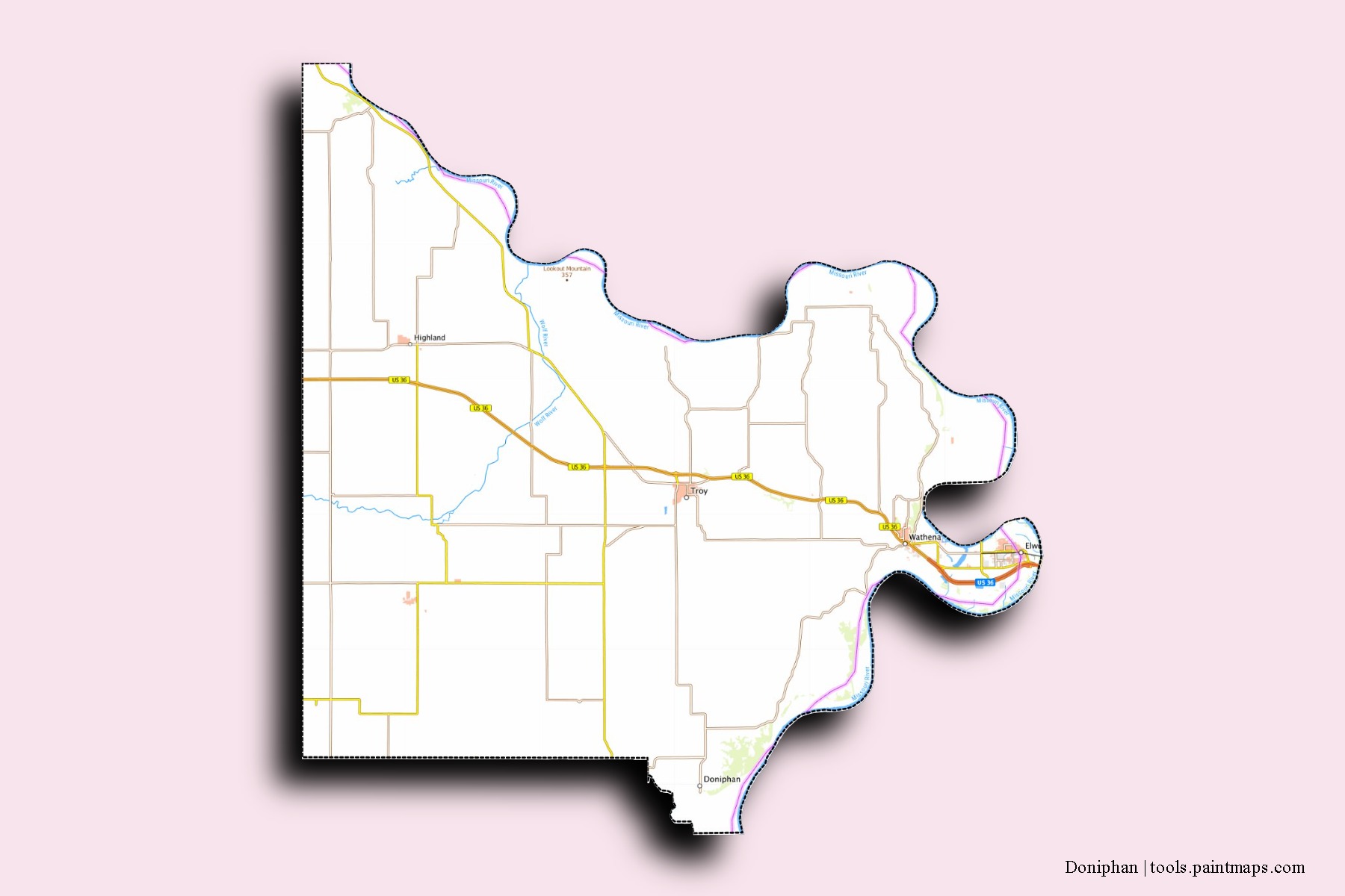 Doniphan neighborhoods and villages map with 3D shadow effect