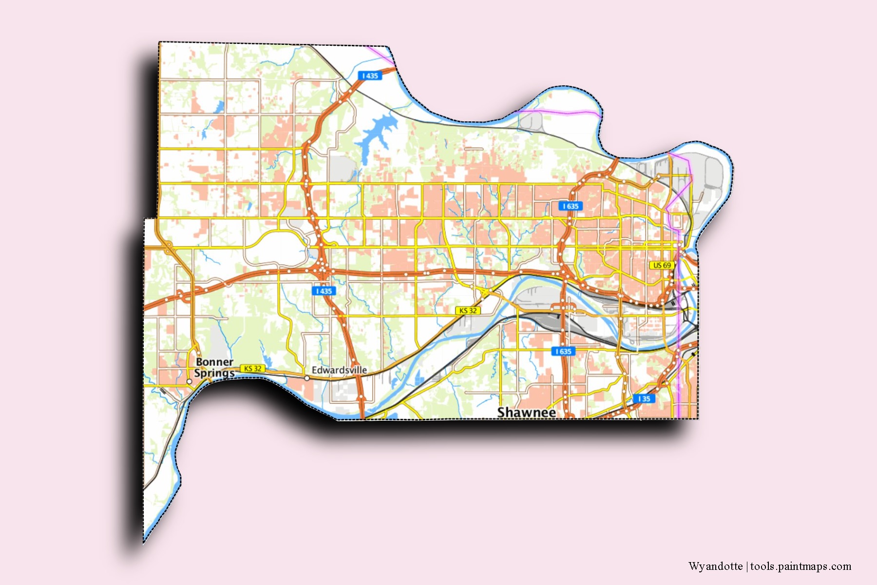 Wyandotte neighborhoods and villages map with 3D shadow effect