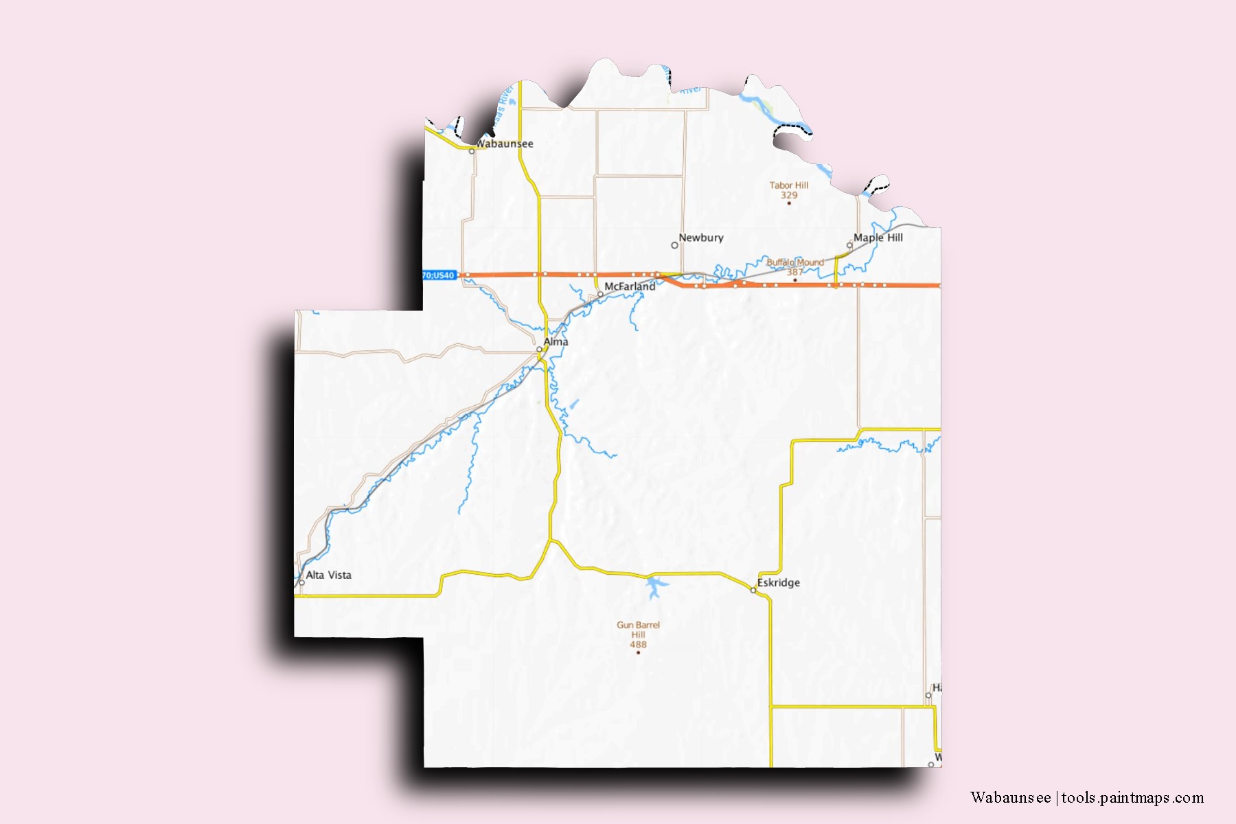 Mapa de barrios y pueblos de Wabaunsee con efecto de sombra 3D