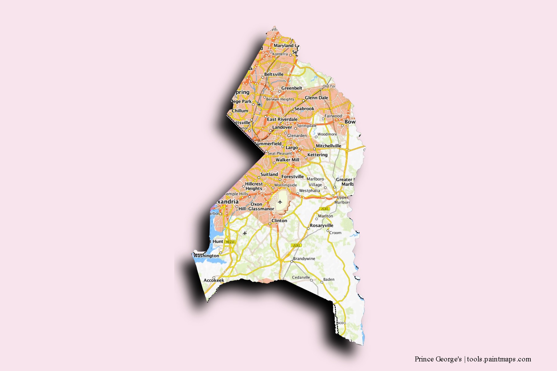 Prince George's neighborhoods and villages map with 3D shadow effect