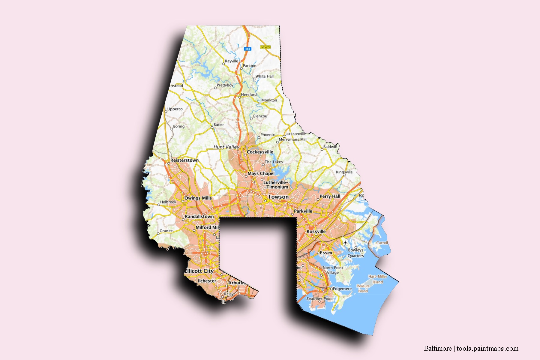 Mapa de barrios y pueblos de Baltimore con efecto de sombra 3D