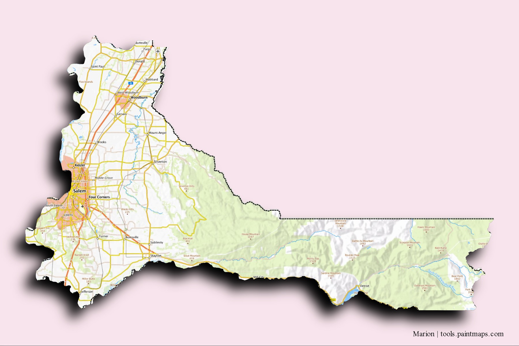 Mapa de barrios y pueblos de Marion con efecto de sombra 3D