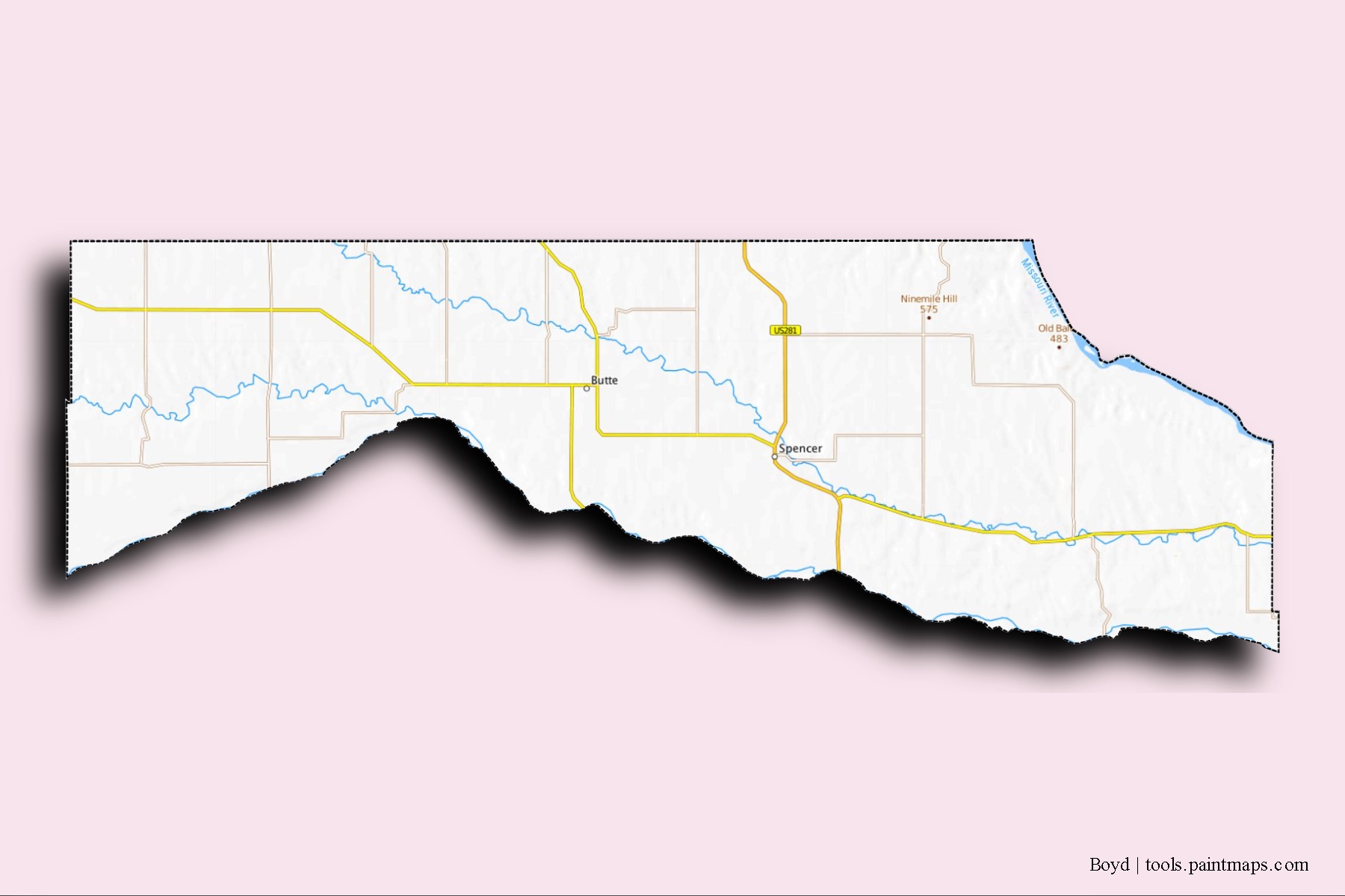 Mapa de barrios y pueblos de Boyd con efecto de sombra 3D