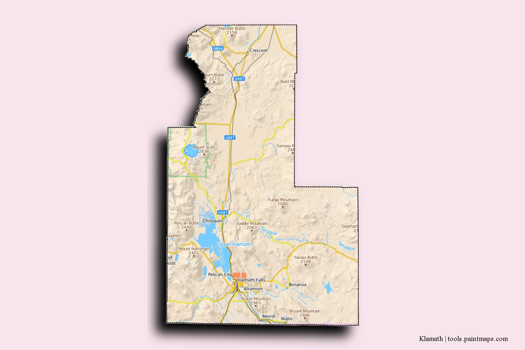 Klamath neighborhoods and villages map with 3D shadow effect