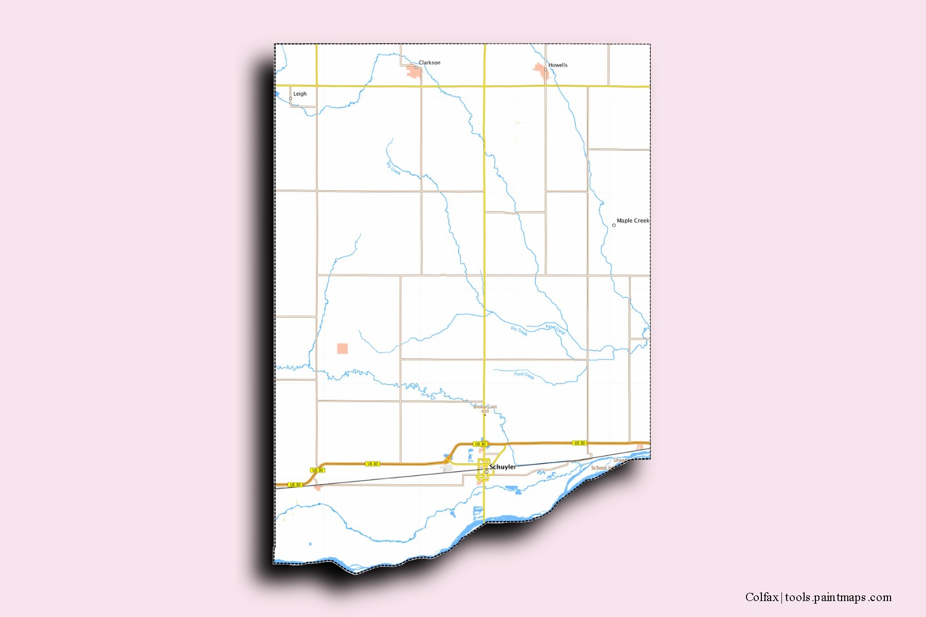 Mapa de barrios y pueblos de Colfax con efecto de sombra 3D