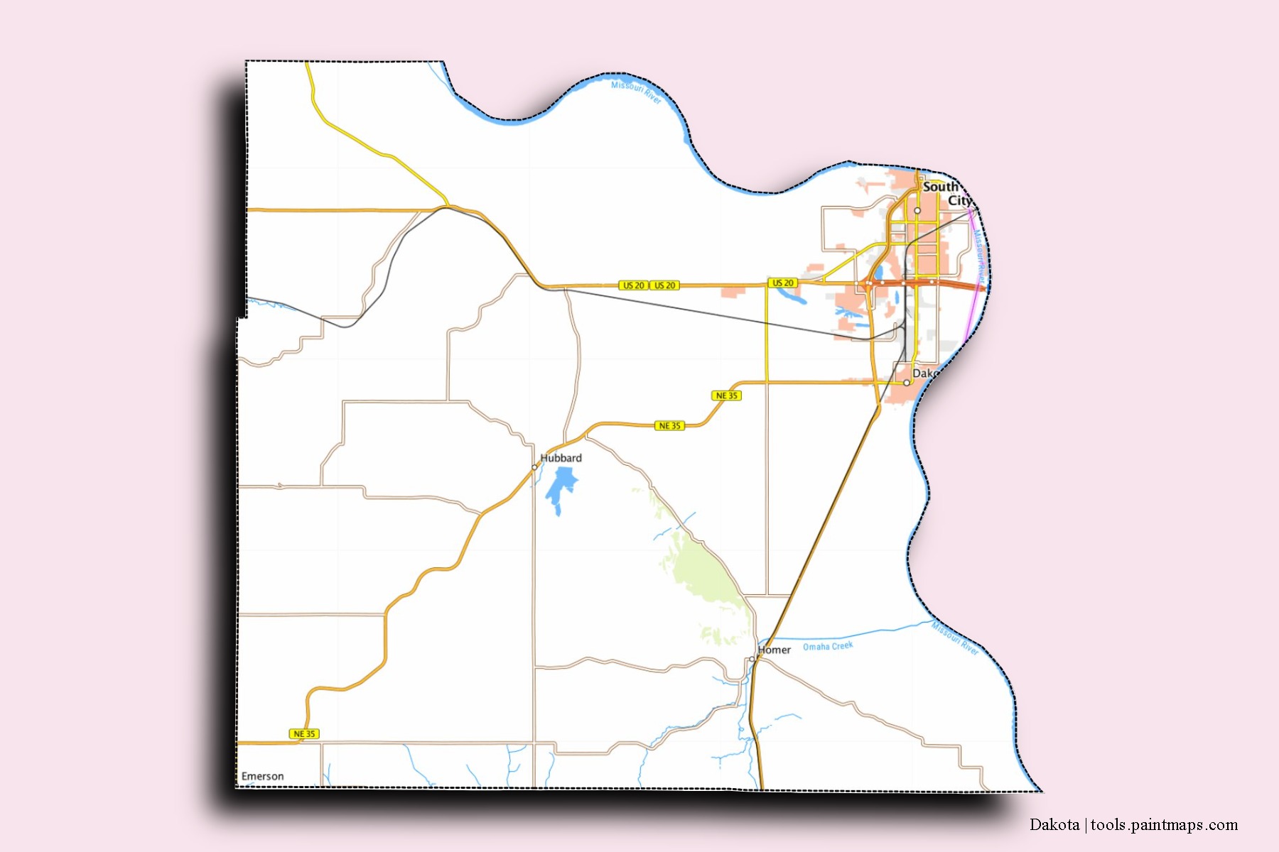 Mapa de barrios y pueblos de Dakota con efecto de sombra 3D