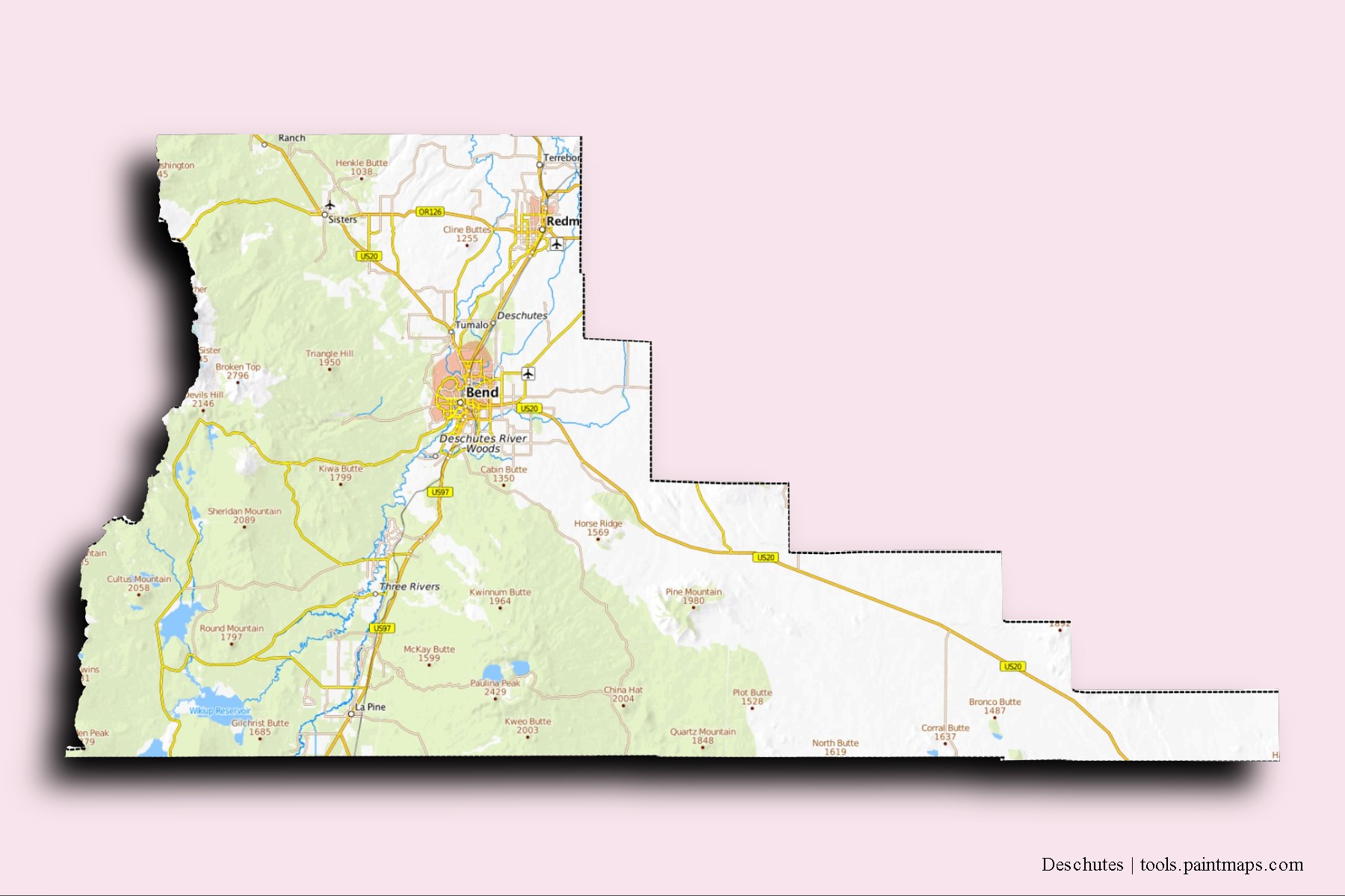 Deschutes neighborhoods and villages map with 3D shadow effect