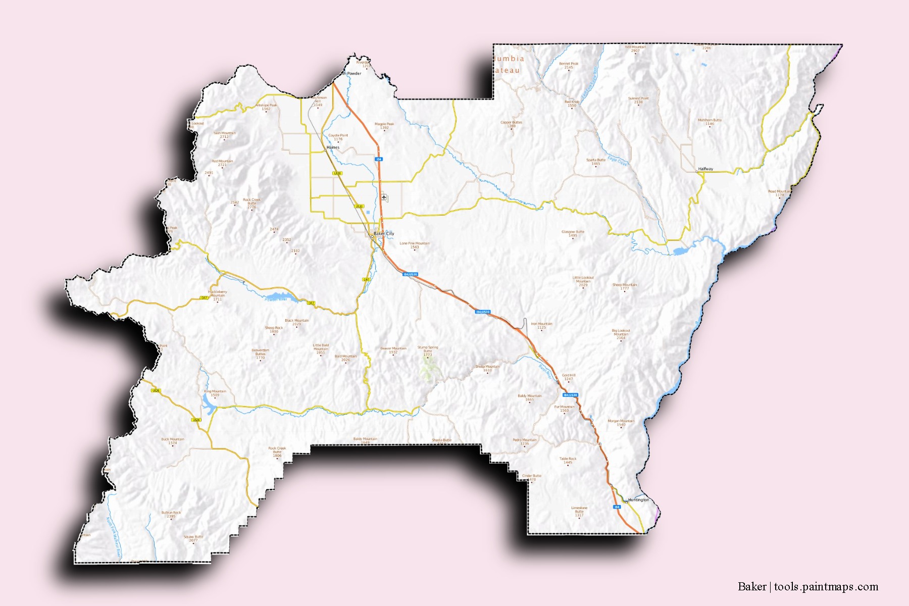 Mapa de barrios y pueblos de Baker con efecto de sombra 3D