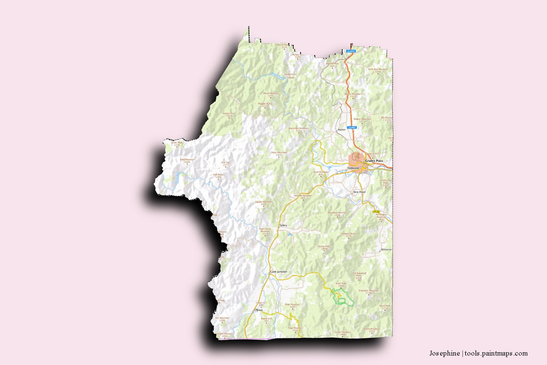 Mapa de barrios y pueblos de Josephine con efecto de sombra 3D