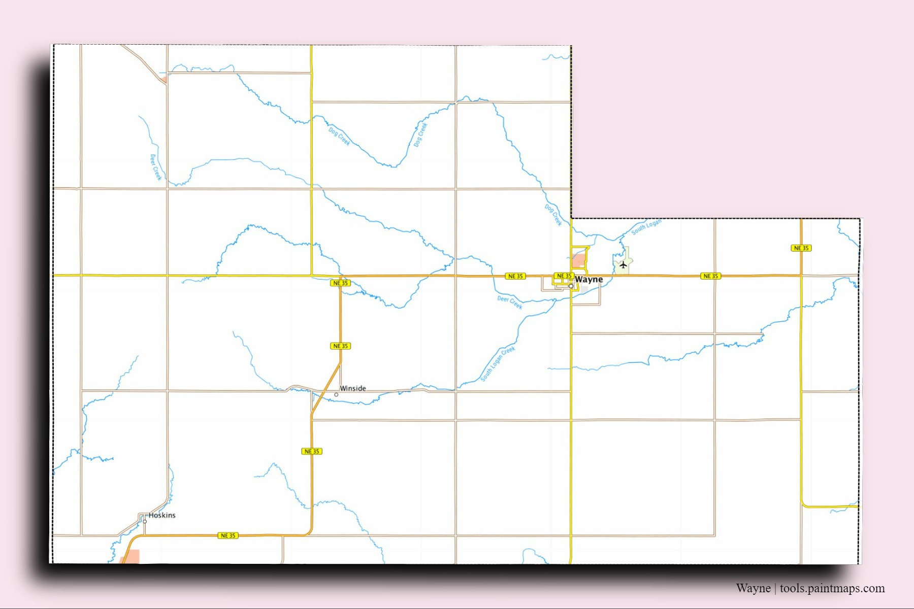 Wayne neighborhoods and villages map with 3D shadow effect