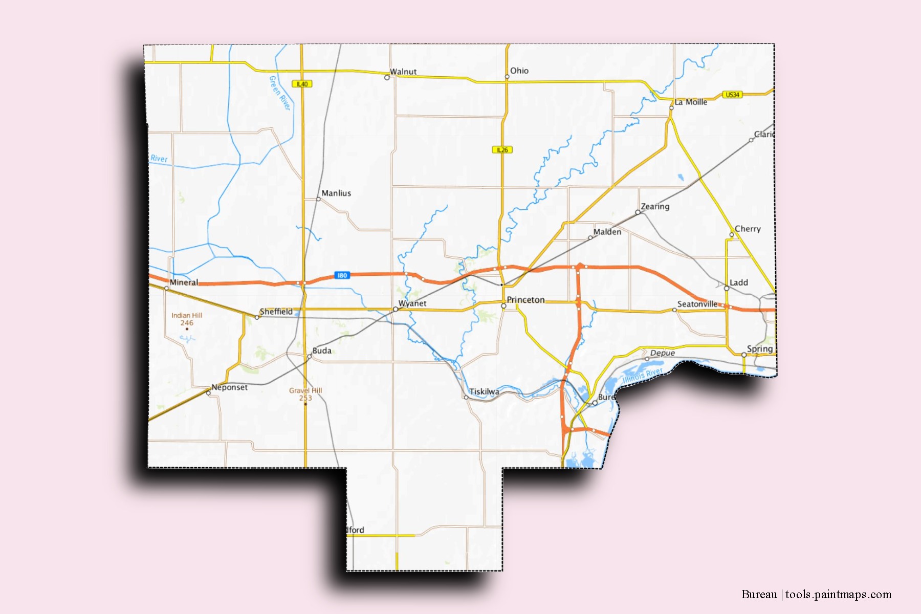 Bureau neighborhoods and villages map with 3D shadow effect