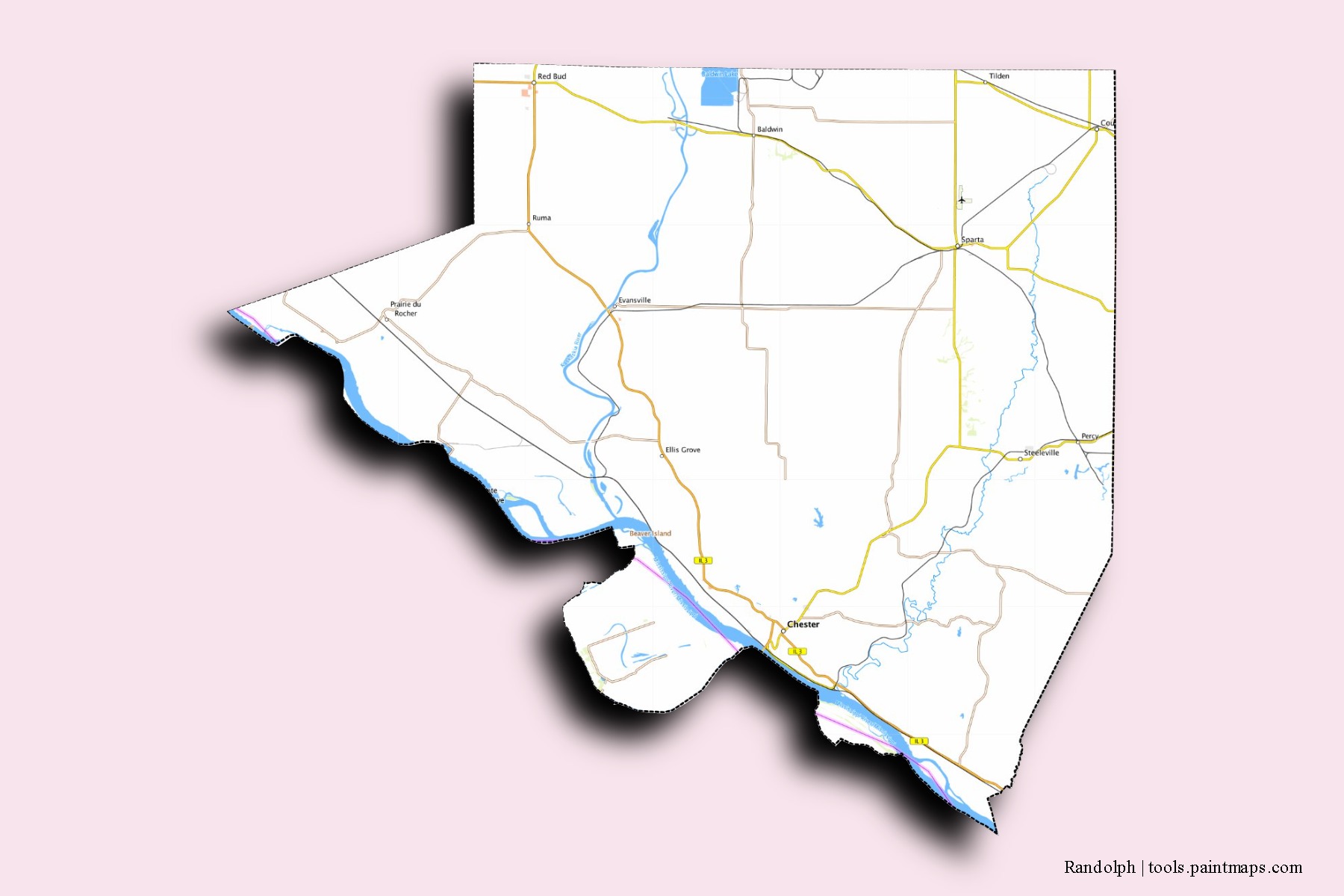 Mapa de barrios y pueblos de Randolph con efecto de sombra 3D