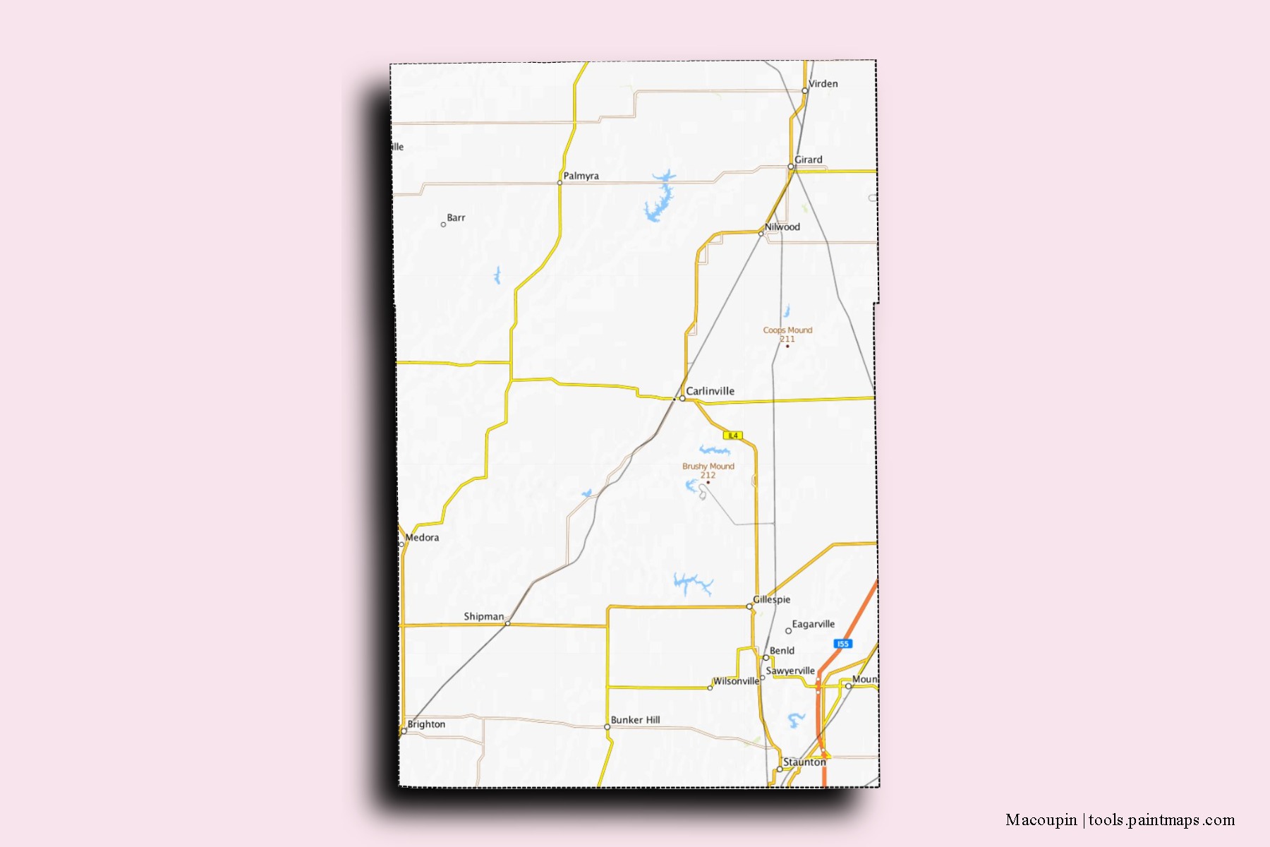 Mapa de barrios y pueblos de Macoupin con efecto de sombra 3D