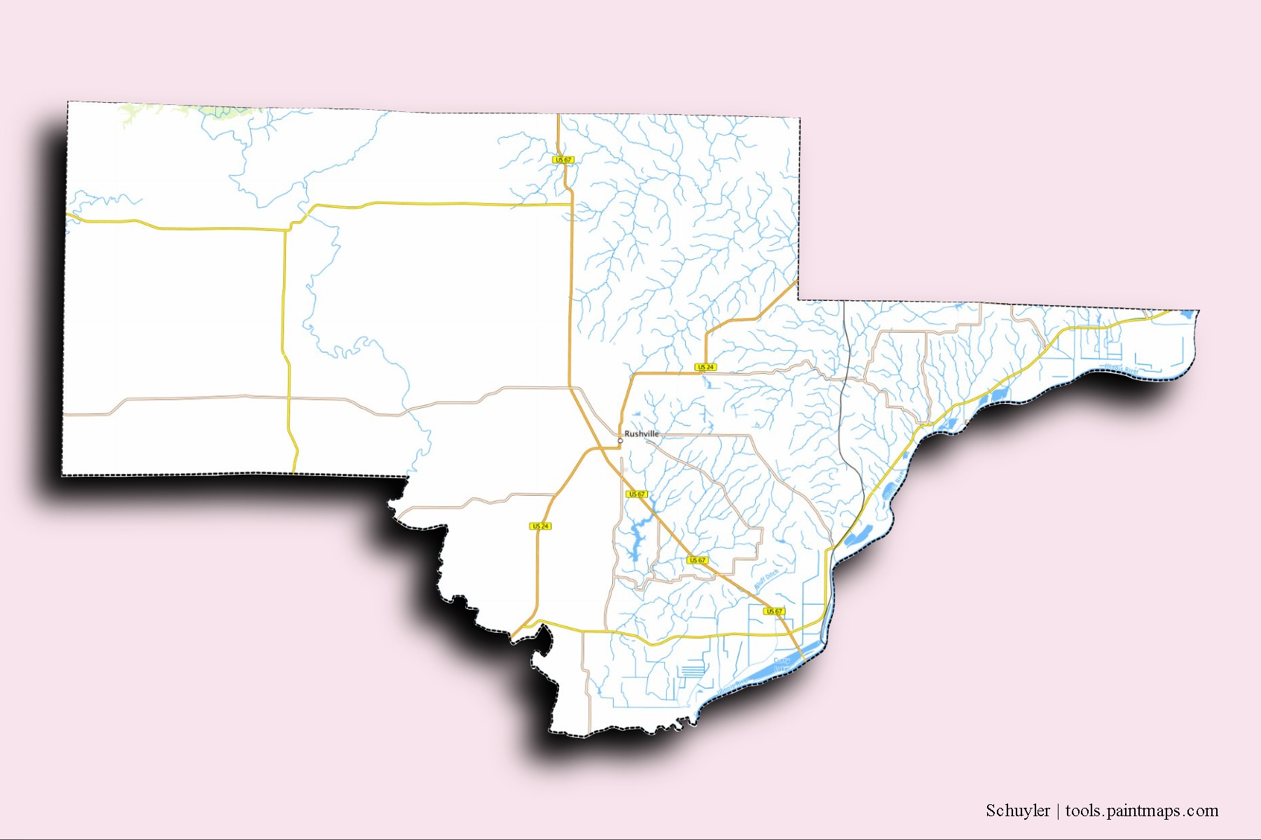 Mapa de barrios y pueblos de Schuyler con efecto de sombra 3D