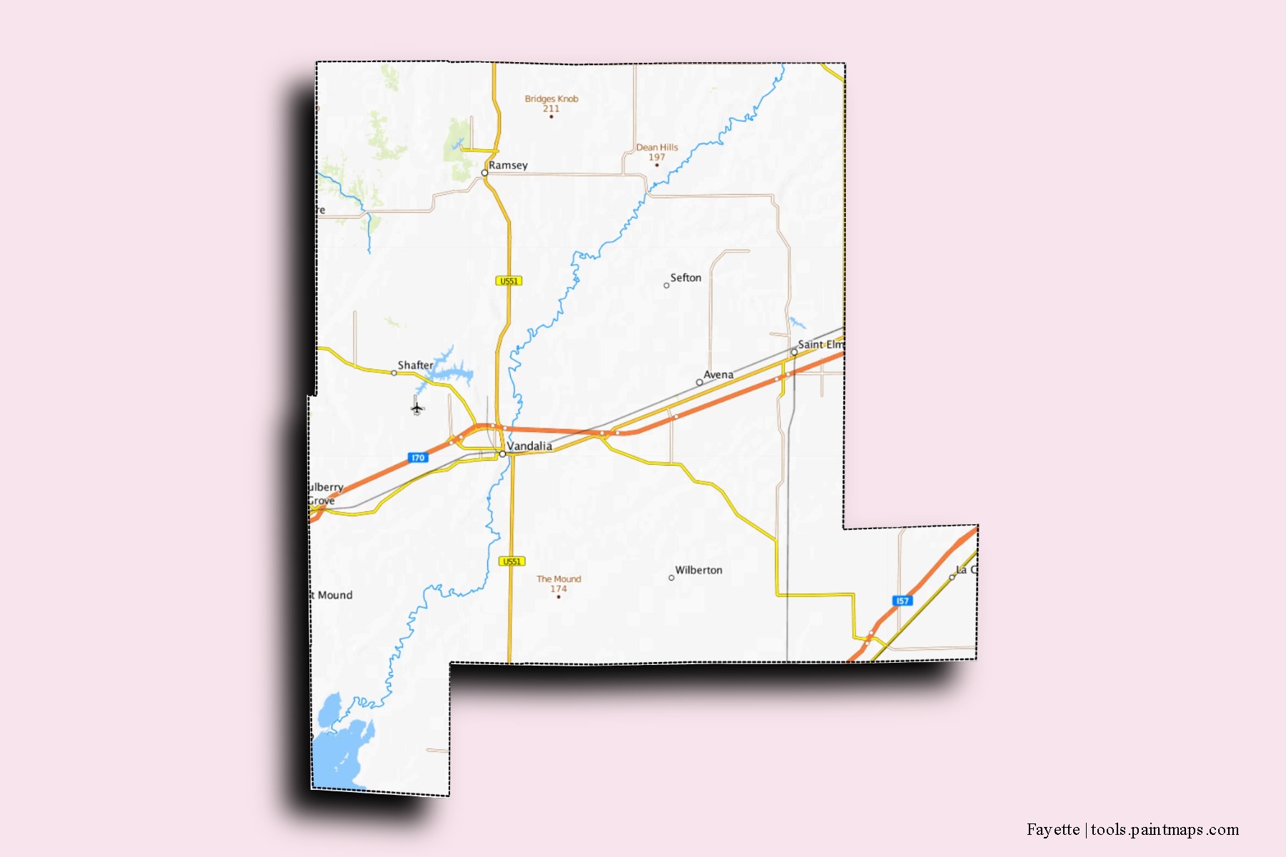 Fayette neighborhoods and villages map with 3D shadow effect