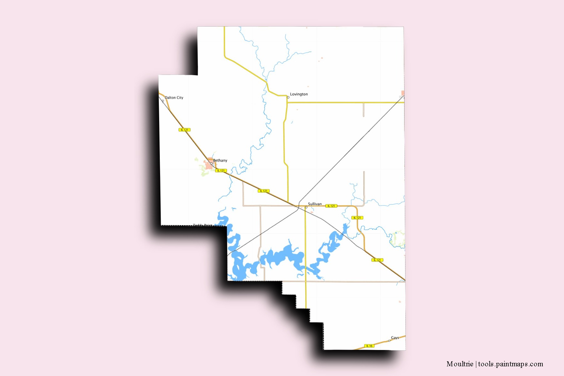 Mapa de barrios y pueblos de Moultrie con efecto de sombra 3D