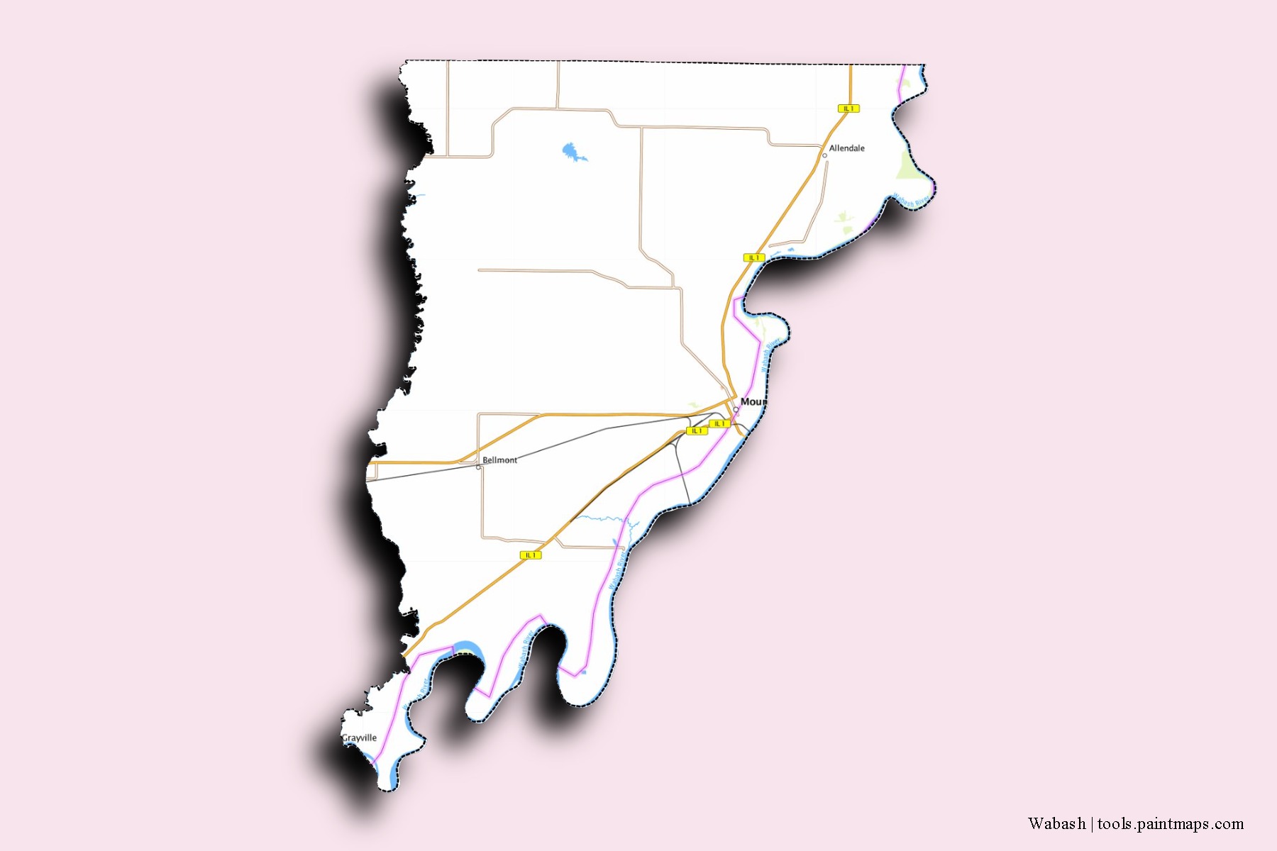 Wabash neighborhoods and villages map with 3D shadow effect