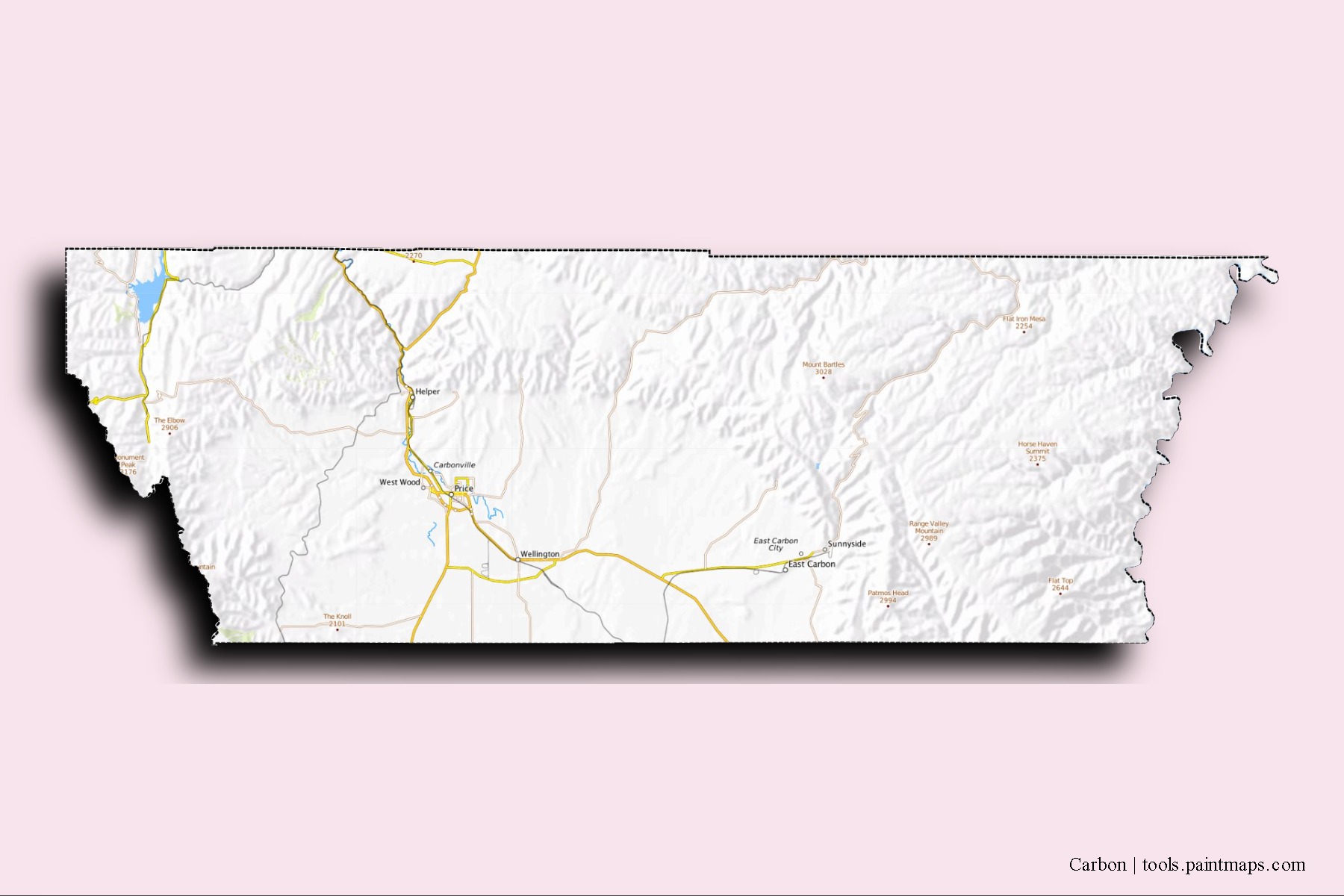 Mapa de barrios y pueblos de Carbon con efecto de sombra 3D