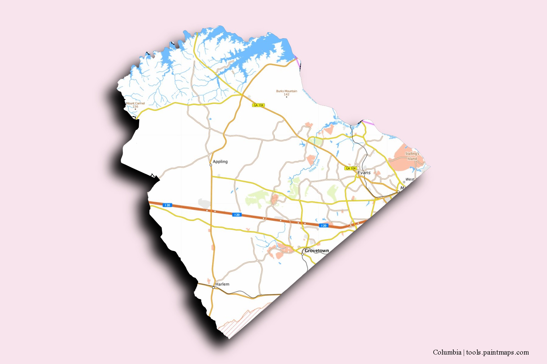 Columbia neighborhoods and villages map with 3D shadow effect