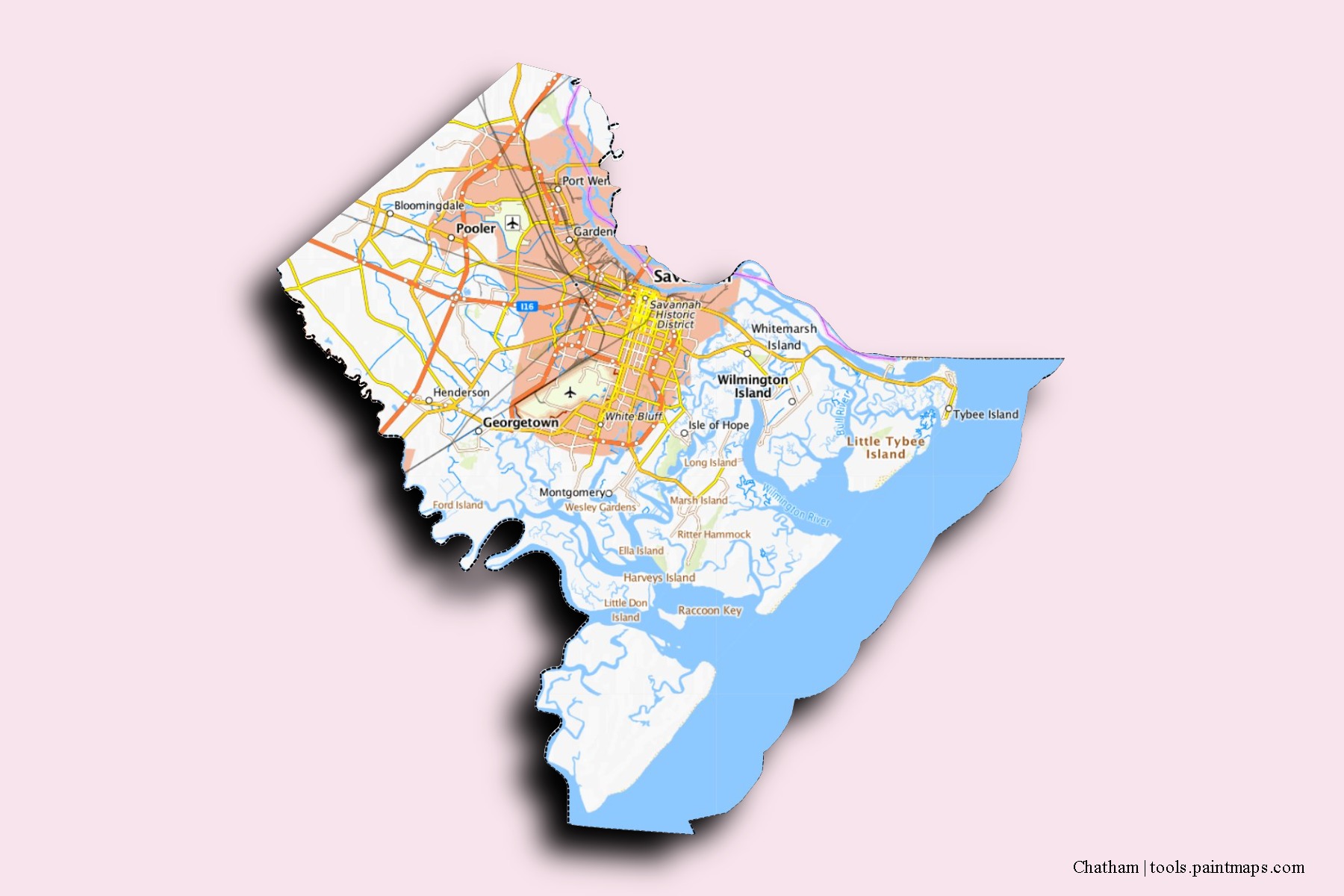 Chatham neighborhoods and villages map with 3D shadow effect