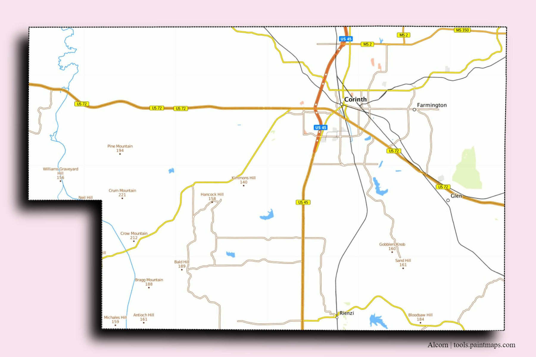 Alcorn neighborhoods and villages map with 3D shadow effect