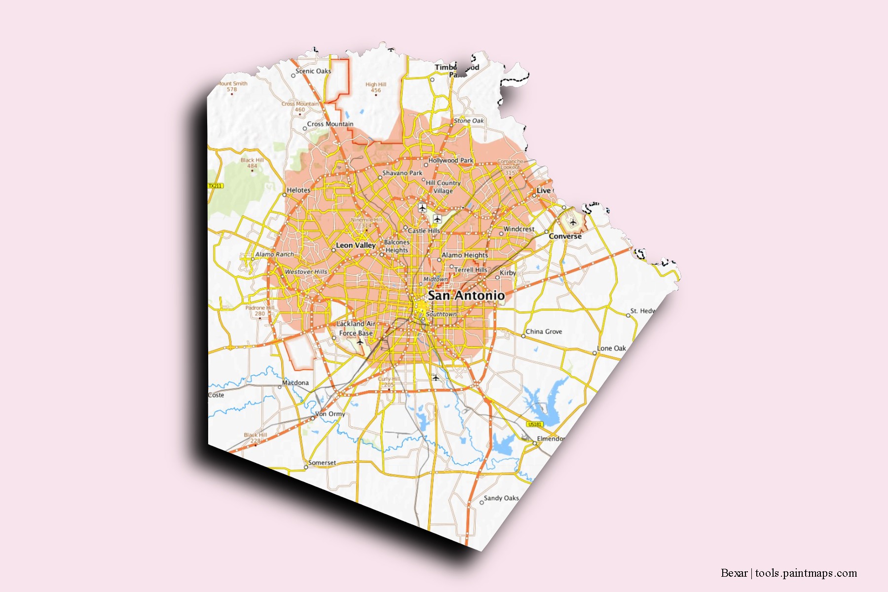 Bexar neighborhoods and villages map with 3D shadow effect