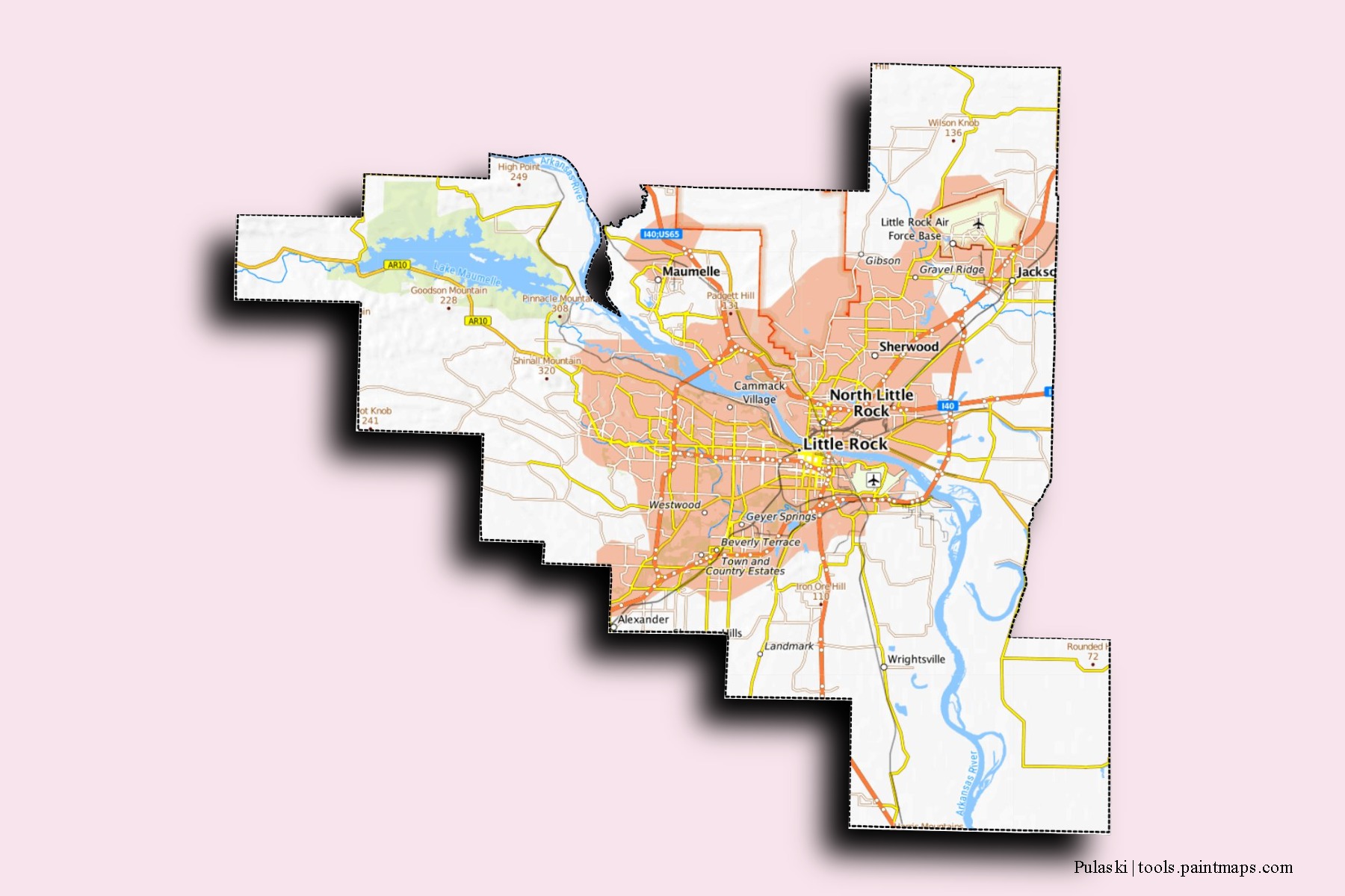 Mapa de barrios y pueblos de Pulaski con efecto de sombra 3D