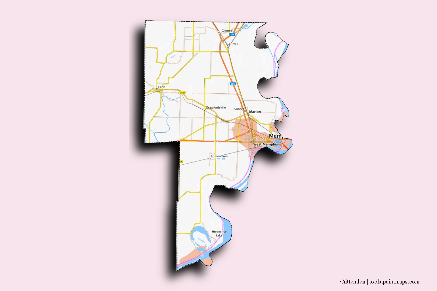 Crittenden neighborhoods and villages map with 3D shadow effect