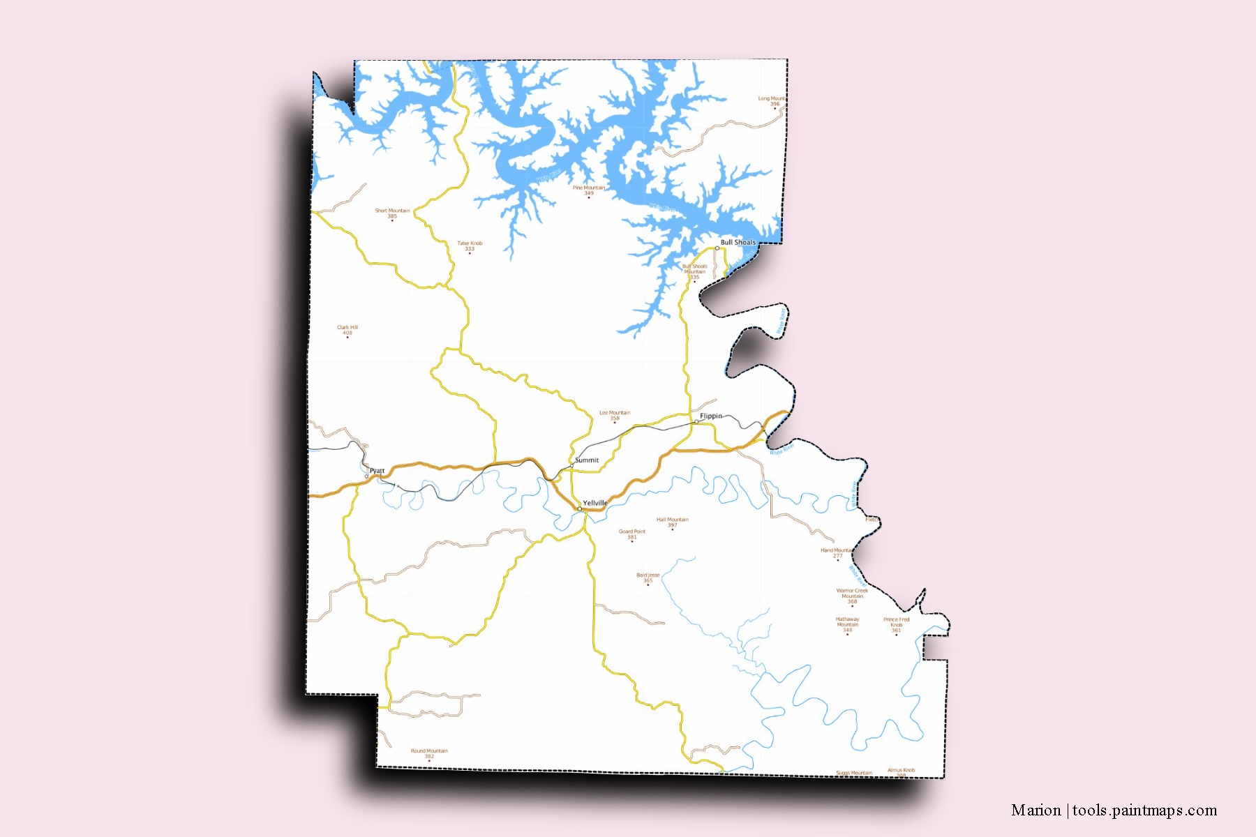 Marion neighborhoods and villages map with 3D shadow effect