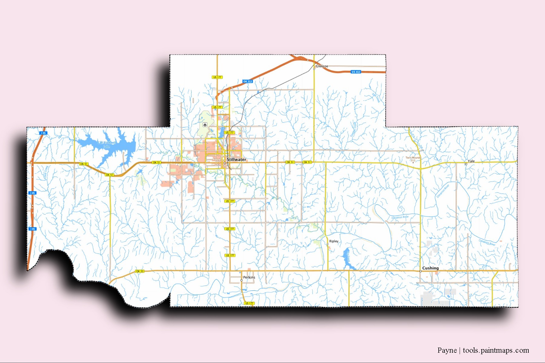 Mapa de barrios y pueblos de Payne con efecto de sombra 3D