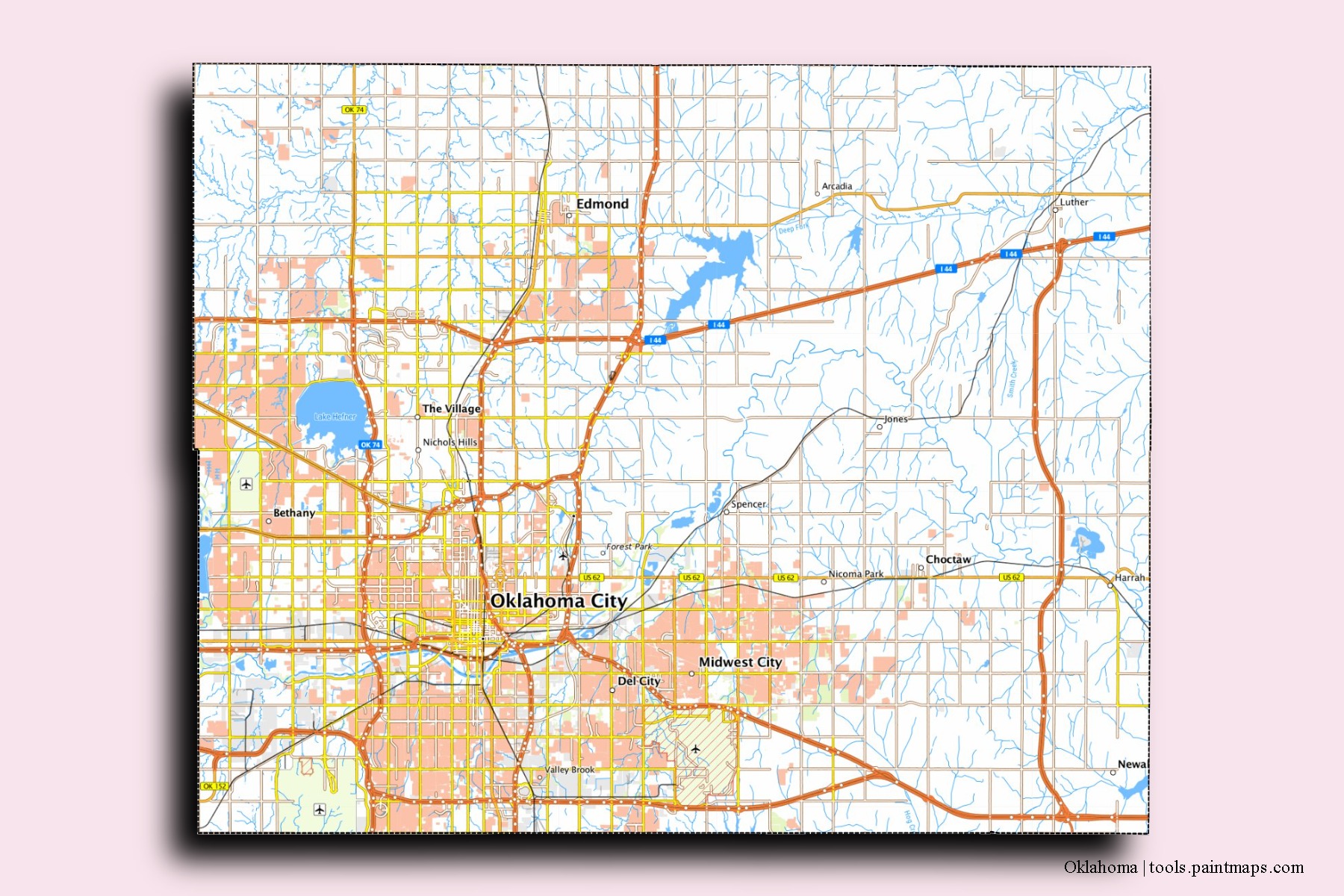 Oklahoma neighborhoods and villages map with 3D shadow effect