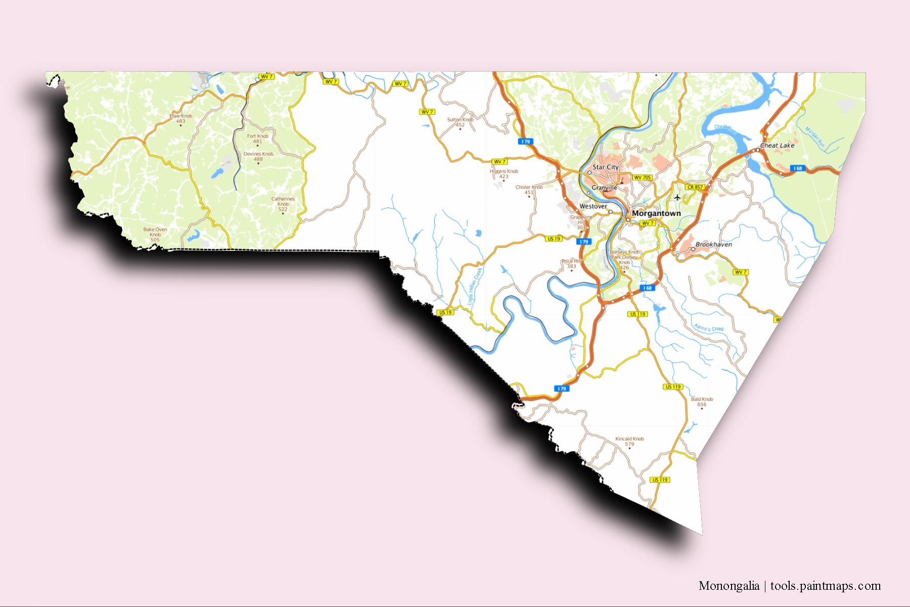 Monongalia neighborhoods and villages map with 3D shadow effect