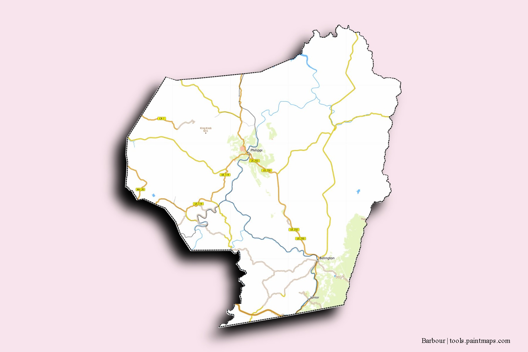 Mapa de barrios y pueblos de Barbour con efecto de sombra 3D