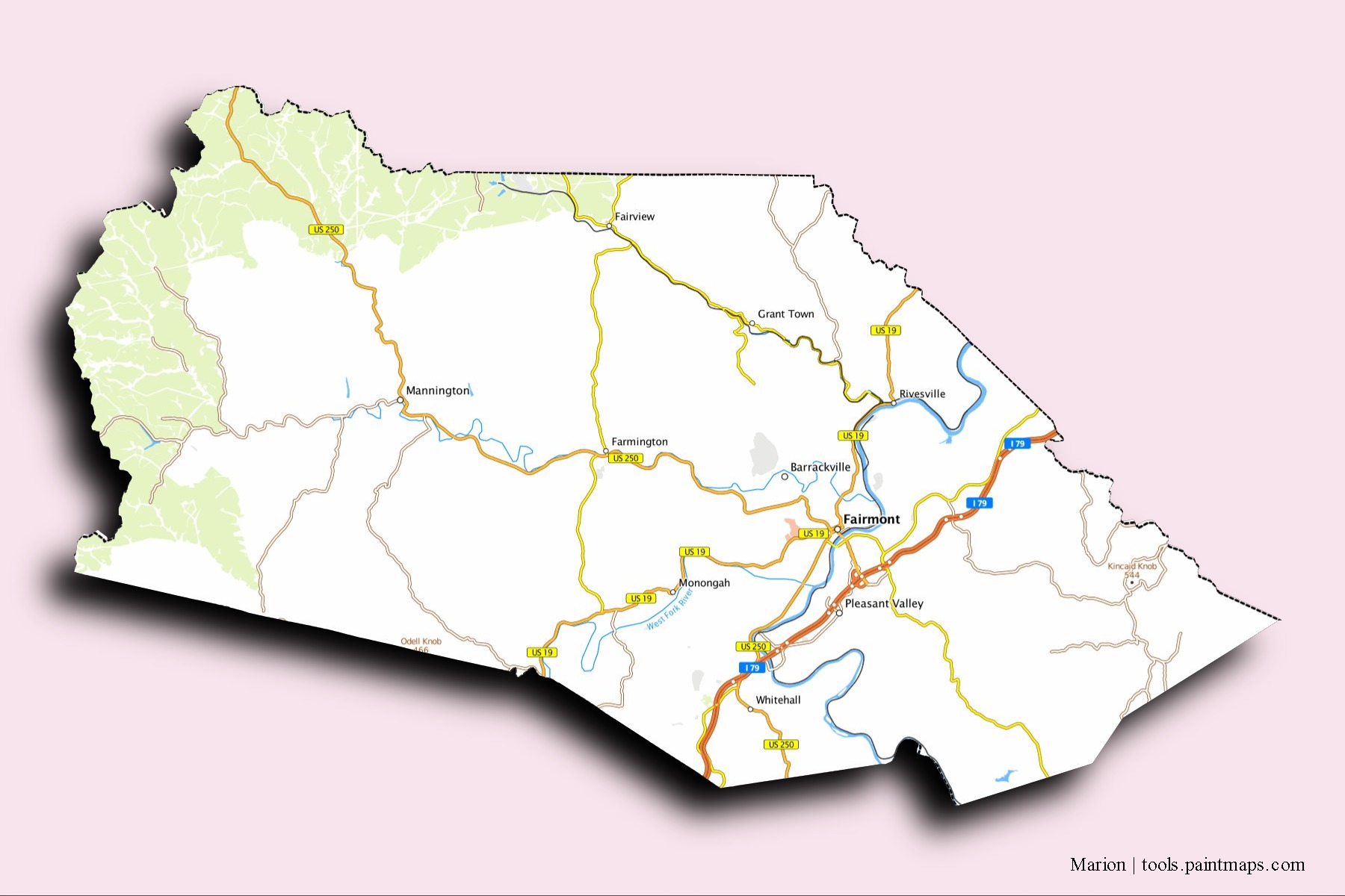 Mapa de barrios y pueblos de Marion con efecto de sombra 3D