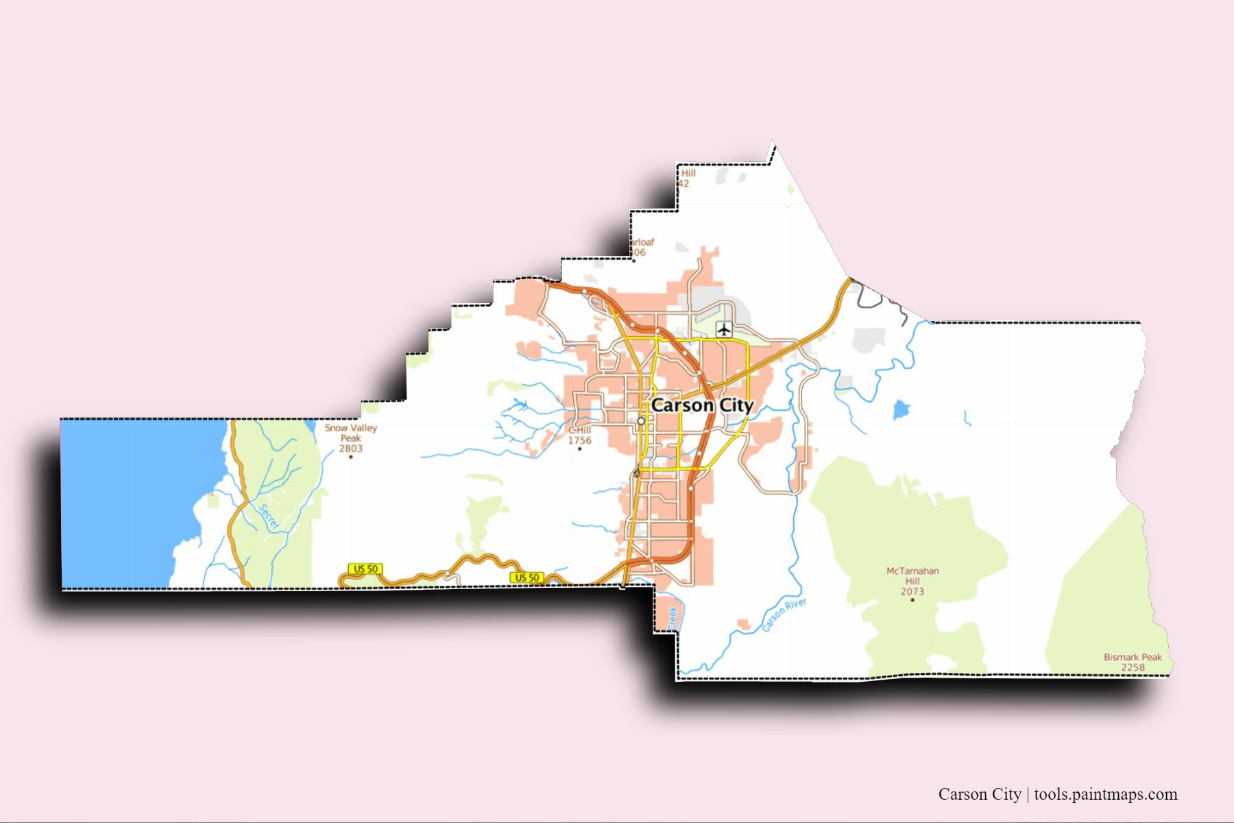 Carson City neighborhoods and villages map with 3D shadow effect