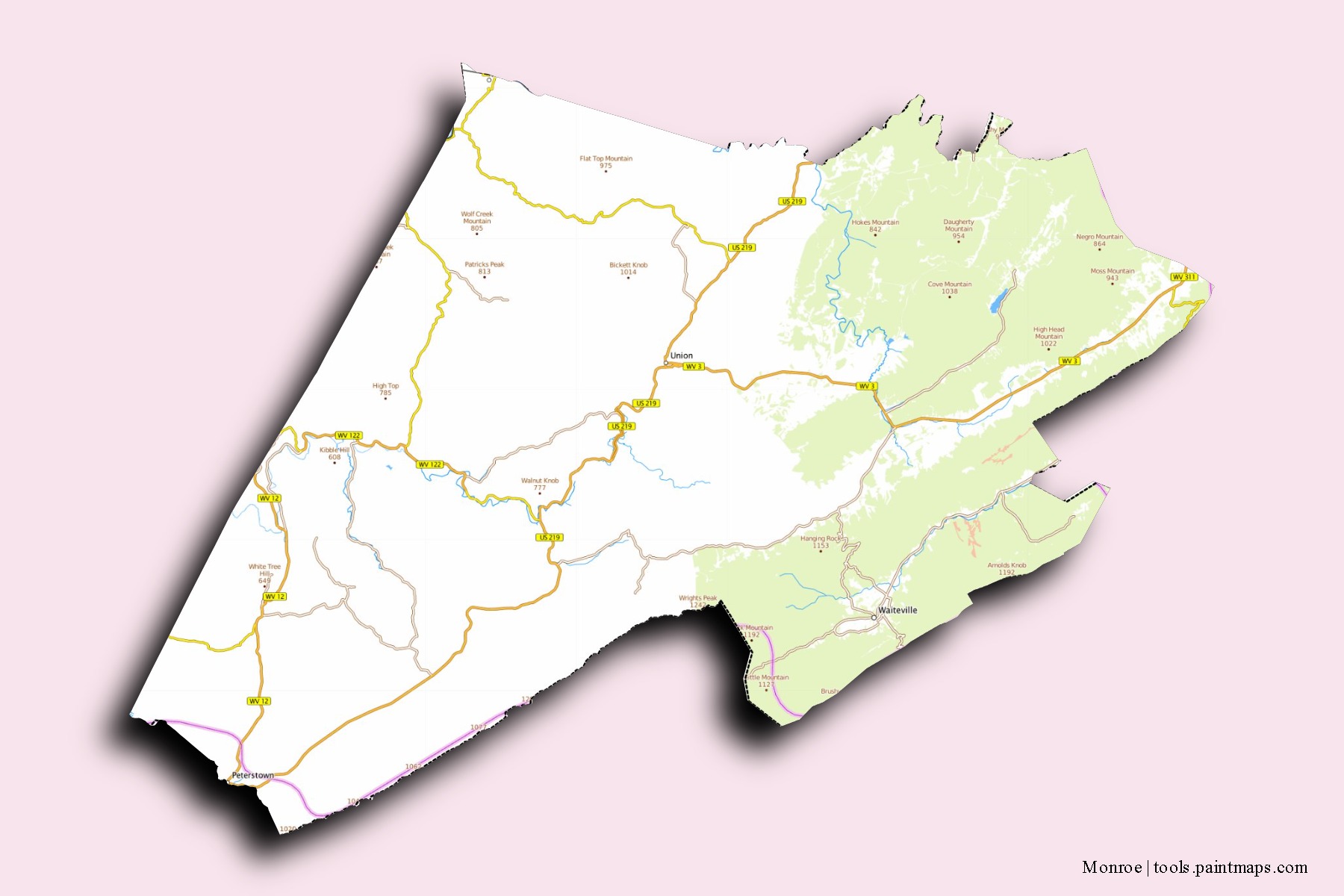 Mapa de barrios y pueblos de Monroe con efecto de sombra 3D