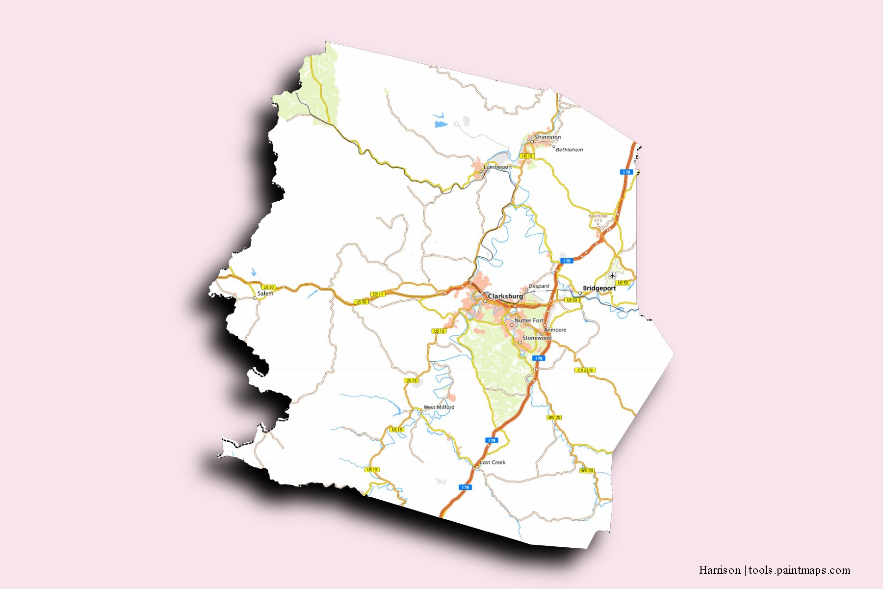 Mapa de barrios y pueblos de Harrison con efecto de sombra 3D