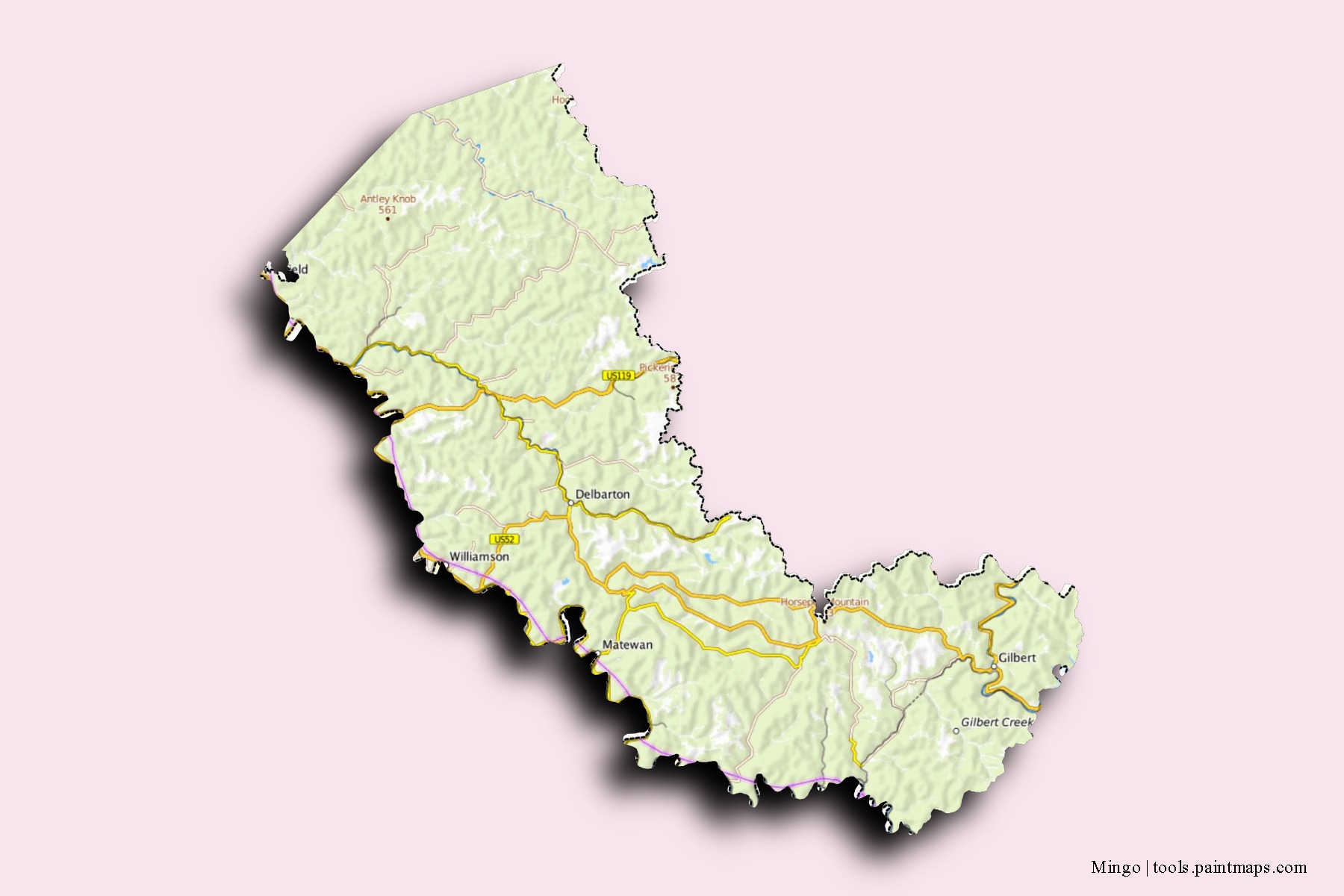 Mapa de barrios y pueblos de Mingo con efecto de sombra 3D