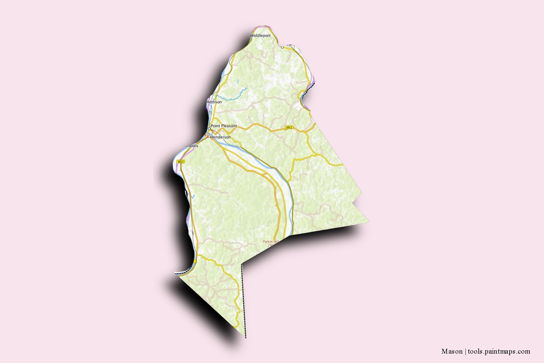 Mapa de barrios y pueblos de Mason con efecto de sombra 3D