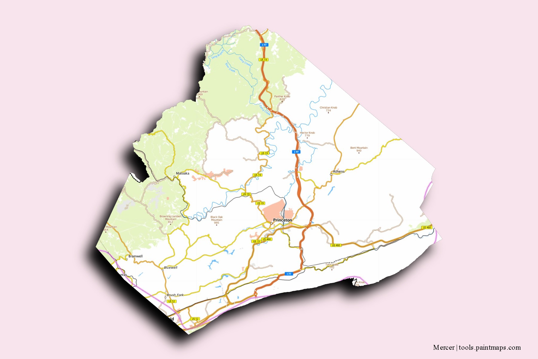 Mapa de barrios y pueblos de Mercer con efecto de sombra 3D