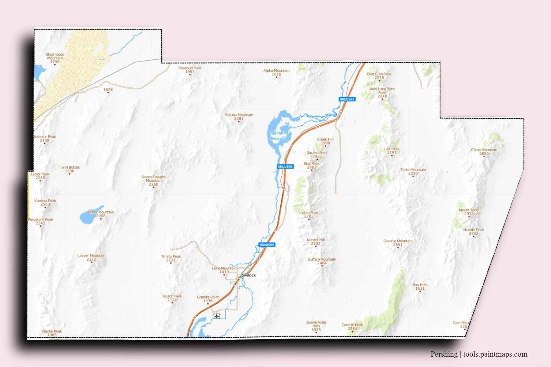 Mapa de barrios y pueblos de Pershing con efecto de sombra 3D