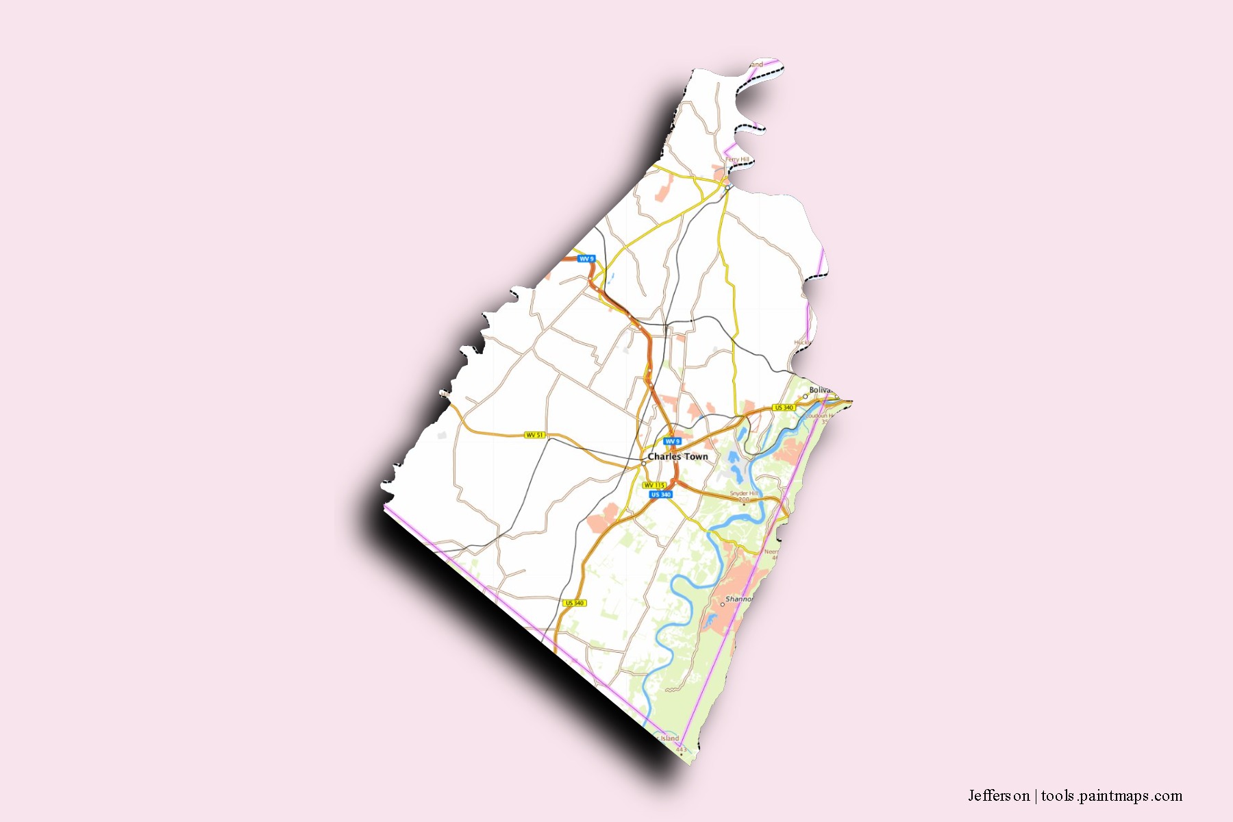 Mapa de barrios y pueblos de Jefferson con efecto de sombra 3D